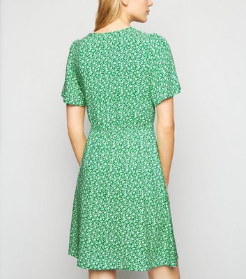 Green Floral Puff Sleeve Tea Dress ...